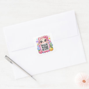 Sticker Carré Mignon personnage de code QR rose Kawaii floral pa