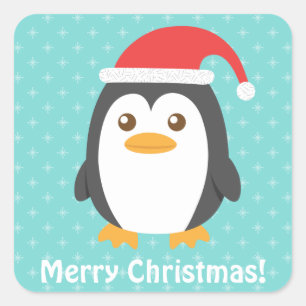 Sticker Carré Mignon Petit Manchot avec Chapeau de Père Noël Noë
