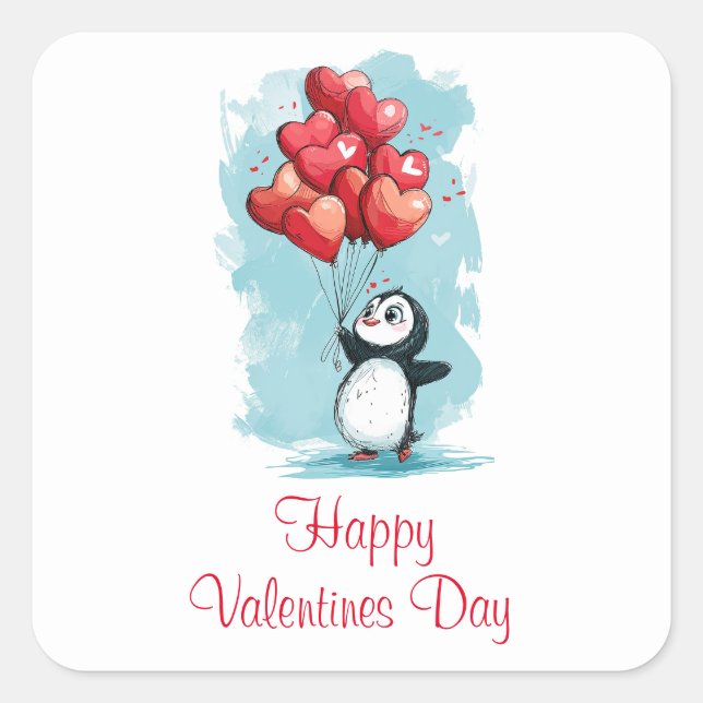 Sticker Carré mignon pingouin amoureux pour la Saint-Valentin av (Devant)