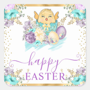 Sticker Carré Mignon Poussin et Œufs de Pâques Floral Aquarelle