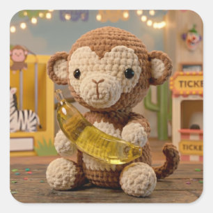 Sticker Carré Mignon singe au crochet tenant une banane au zoo