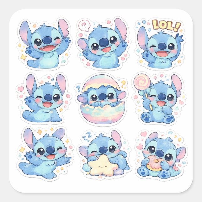 Sticker Carré Mignon Stitch à l'aquarelle (Devant)