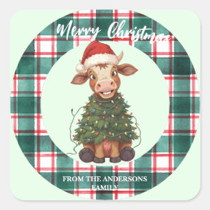 Sticker Carré Mignon vache joyeuse arbre de Noël veau bœuf Xmas