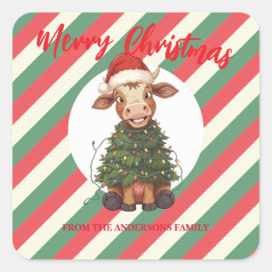 Sticker Carré Mignon vache joyeuse arbre de Noël veau bœuf Xmas
