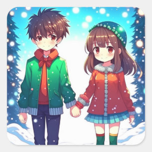 Sticker Carré Mignonne Anime Couple tenant Mains Noël