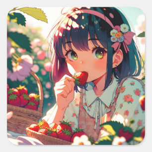 Sticker Carré Mignonne Anime Girl Mange des fraises   Jour d'été