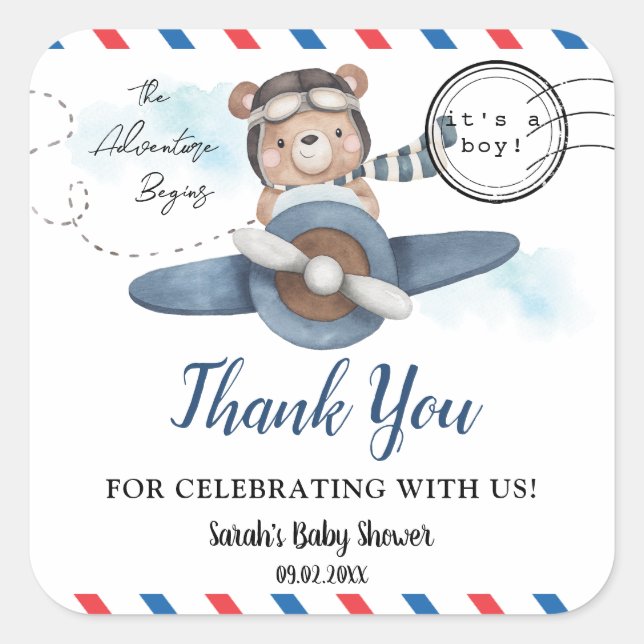 Sticker Carré Mignonne Bear Plane Aventure Commence Baby shower  (Devant)