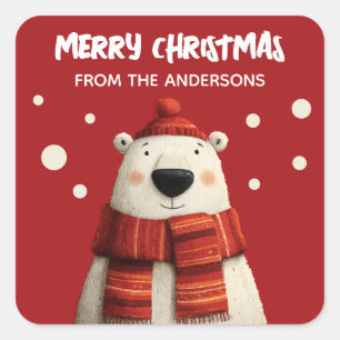 Sticker Carré Mignonne Cartoon Ours Polaire Rouge Joyeux Noël de