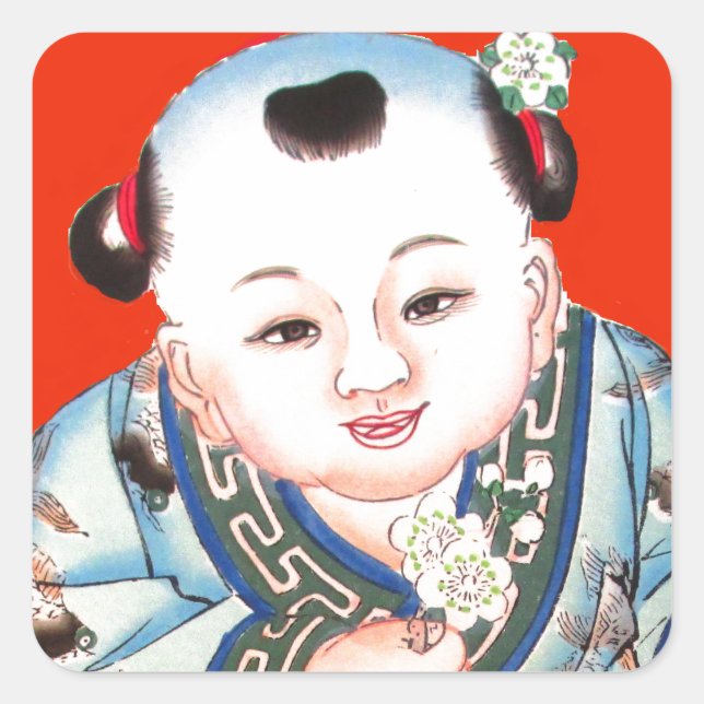 Sticker Carré Mignonne Chinois rire bon bouddha de chance sur ro (Devant)