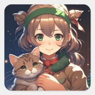 Sticker Carré Mignonne fille Anime tenant un Kitten Noël