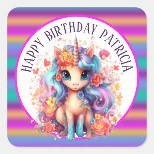 Sticker Carré mignonne filles Joyeux Anniversaire licorne