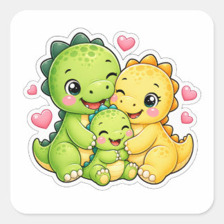 Sticker Carré Mignonne illustration de famille de dinosaures s'é