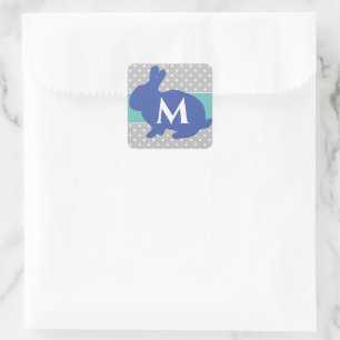 Sticker Carré Mignonne lapin bleu sur Pois gris Monogramme