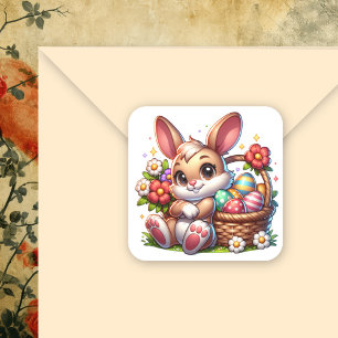 Sticker Carré Mignonne lapin de Pâques Whimsical avec panier