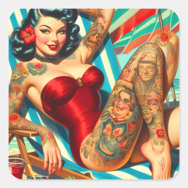 Sticker Carré Mignonne maillot de bain tatoué Pin-up (Devant)