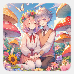 Sticker Carré Mignonne mignon Anime Couple Whimsical Romantic