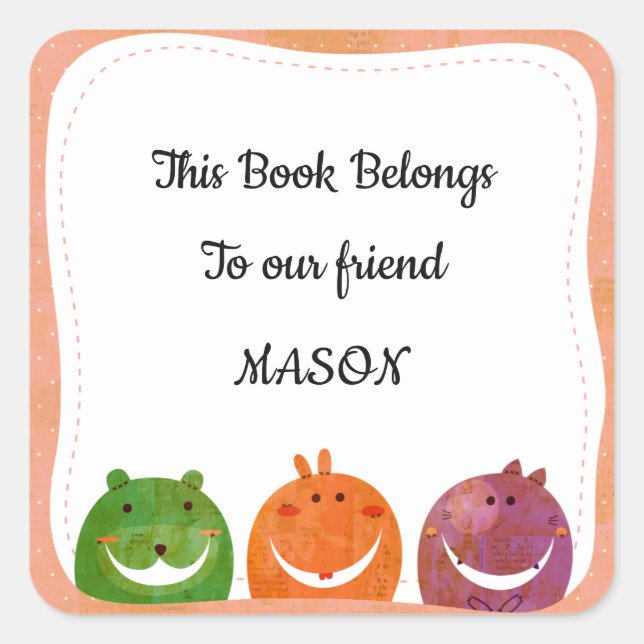 Sticker Carré Mignonne monstre ajouter votre nom modèle bookplat (Devant)