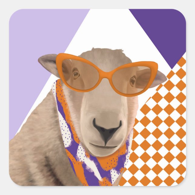 Sticker Carré Mignonne Mouton Avec Lunettes (Devant)