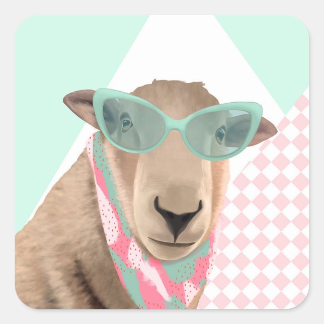 Sticker Carré Mignonne Mouton Avec Lunettes (Devant)