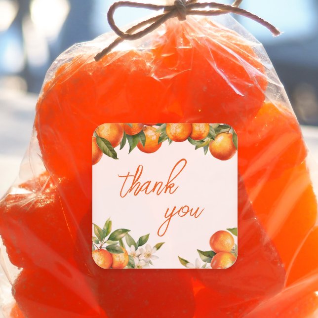 Sticker Carré Mignonne orange Merci (Little Cutie party favor sticker)