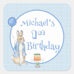 Sticker Carré Mignonne Peter Rabbit Bleu Un Premier Anniversaire