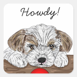 Sticker Carré Mignonne petit chien chiot tiré à la main Howdy