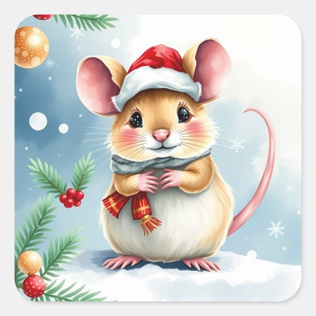 Sticker Carré Mignonne petite souris de Noël festive (Devant)