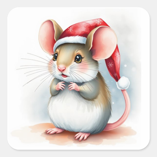 Sticker Carré Mignonne petite souris Père Noël Noël Whimsical (Devant)