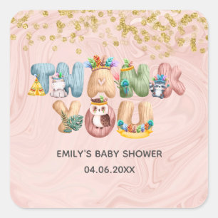 Sticker Carré Mignonne Rose  Baby shower en marbre or Merci anim