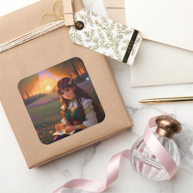 Sticker Carré Mignonne Sad Anime Style Femme dans le pré au couc (Cadeaux)