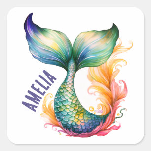Sticker Carré Mignonne Sirène Colorée Ocean Nom de la fille