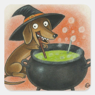 Sticker Carré Mignonne Sorcière Dachshund