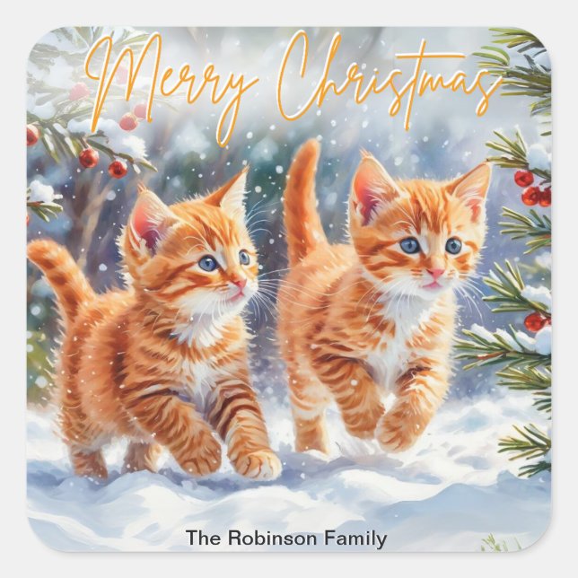 Sticker Carré Mignons chatons roux dans la neige Joyeux Noël (Devant)