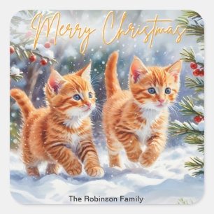 Sticker Carré Mignons chatons roux dans la neige Joyeux Noël