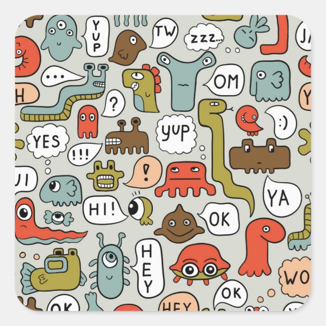 Sticker Carré Mignons monstres de dessin : Arrière - plan sans c (Devant)