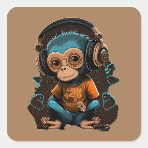 Sticker Carré Mignons Singe Écouter Musique, Musique Singe Immer
