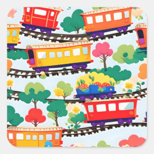 Sticker Carré Mignons trains et motif d'arbres bleu