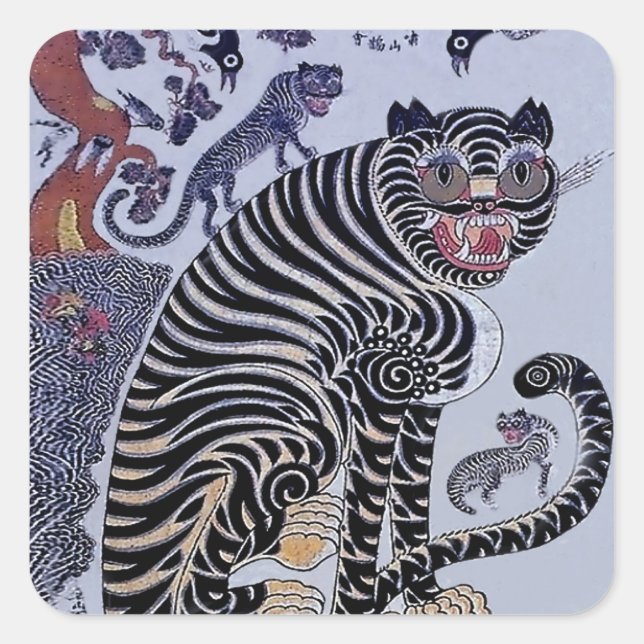 Sticker Carré Minhwa coréenne de tigre avec trois cubes (Devant)