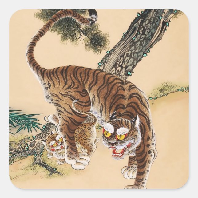 Sticker Carré Minhwa Tigre laid Koreen  (Devant)