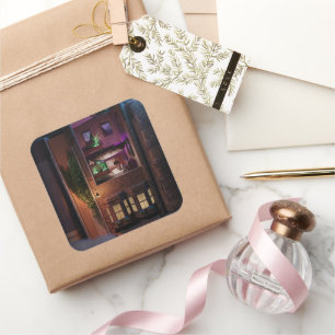 Sticker Carré Miniature book nook diorama - reading upstairs