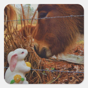 Sticker Carré Miniature cheval Brown et lapin de Pâques