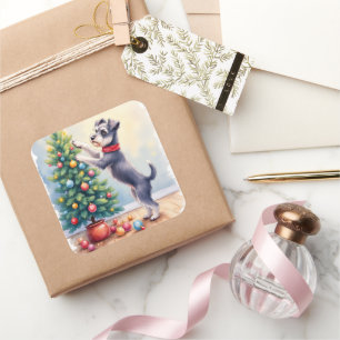 Sticker Carré Miniature Schnauzer Décorant l'Arbre de Noël Chien