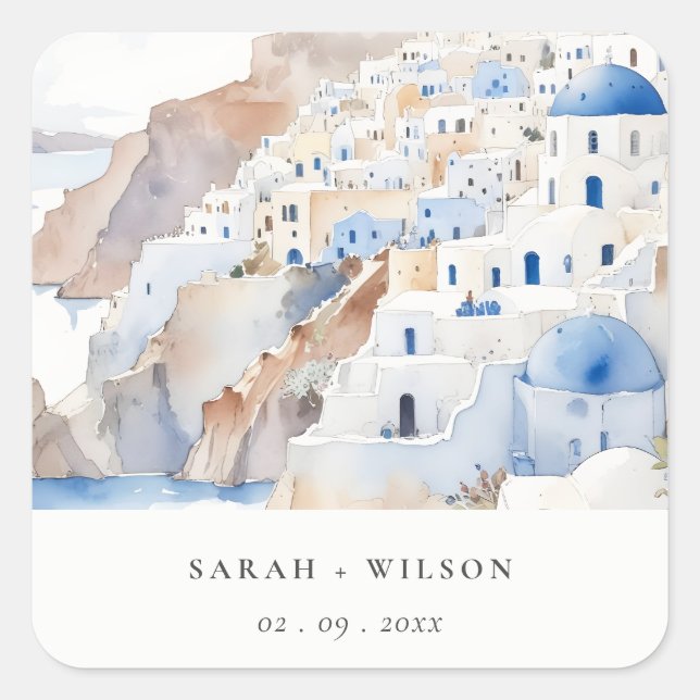 Sticker Carré Minimal chic Santorini Grèce Mariage aquarelle (Devant)