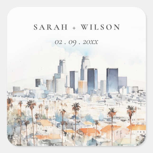 Sticker Carré Minimal Los Angeles, Californie Mariage d'aquarell (Devant)