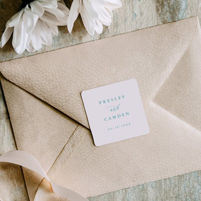 Sticker Carré Minimalist Aqua Wedding Seals Modern Calligraphy (Créateur téléchargé)