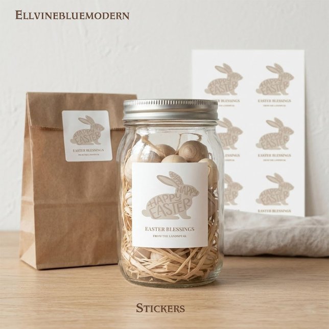 Sticker Carré Minimalist Beige Typography Rabbit Easter (Modern beige word-art rabbit with "Easter Blessings" a neutral, chic accent for any spring decor.)