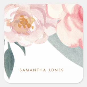 Sticker Carré Minimaliste Moderne Fleur de Pivoine Rose Aquarell