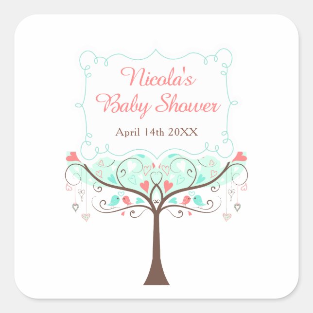 Sticker Carré Mint and Coral Floral Bird Baby Shower  (Devant)
