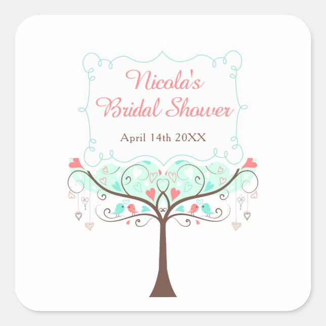 Sticker Carré Mint and Coral Floral Bird Bridal Shower  (Devant)