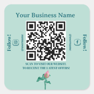 Sticker Carré Mint Green Floral QR Code Marketing